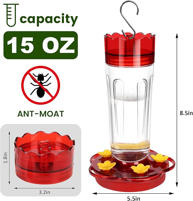 Plastic Hummingbird Feeders for Outdoors Hanging Ant and Bee Proof, 2 Pack 15 Ounces Red Hummingbird Feeder with 5 Feeding Ports and Perches, Built-in Ant Moat, Outside Garden Décor (Plastic, 2)
