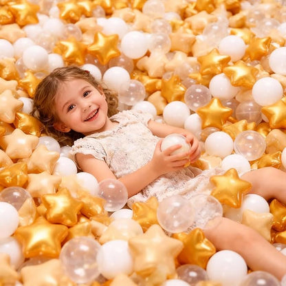 GOGOSO Ball Pit Balls with Starballs 100 - Crushproof Plasticballs for Babies Toddlers Kids Children for 1 2 3 4 5 Years Old,5 Colors,2.15inches, Beige Gold White Clear