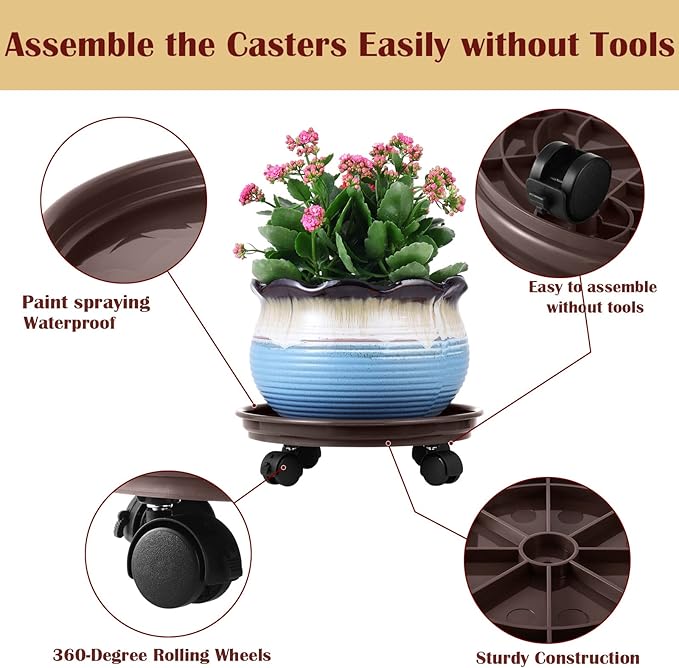 6 Packs Plant Caddy with Wheels 12" Plastic Rolling Plant Stands Heavy-Duty Plant Dolly with Casters Indoor Outdoor Plant Roller Base Plant Saucers on Wheels Plant Mover Coaster, Brown