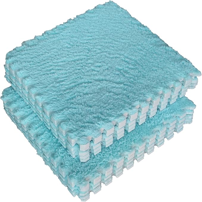 16pcs 0.6" Thickened Interlocking Tile Mats,Fluffy Shaggy Soft EVA Foam Area Rug for Living Room & Bedroom,Non-Slip Protective Floor Carpet Play Mat Kids Baby Dorm Home Decor (11.8ft, Blue)