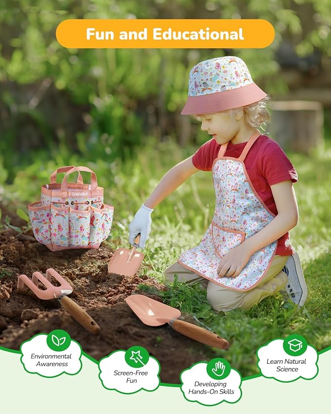 Kids Gardening Set Toys, Quality Garden Tool Kit for Kids and Toddlers, Includes Two Shovels, Garden hat,Rake, Apron,Gloves, Watering Can, and Tool Bag (Pink)