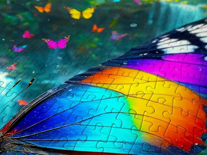 1000 Pieces Jigsaw Puzzle – Matte Finish, Soft Touch, Easy to Assemble, Tight Fit, Vivid Colors, Missing Pieces Service – Rainbow Butterfly and Flowers in Waterfall Forest – by ENJOY Puzzle