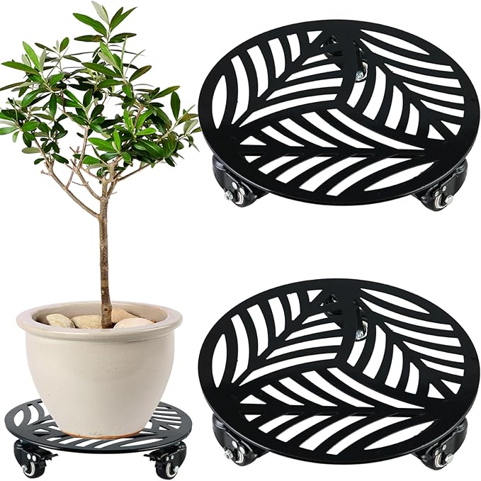 2 Packs Metal Plant Caddy with 3 Wheels 12” Heavy-duty Wrought Iron Rolling Plant Stands with Casters Indoor and Outdoor Plant Pot Roller Base Plant Saucer Movers Black, Strong Load Capacity