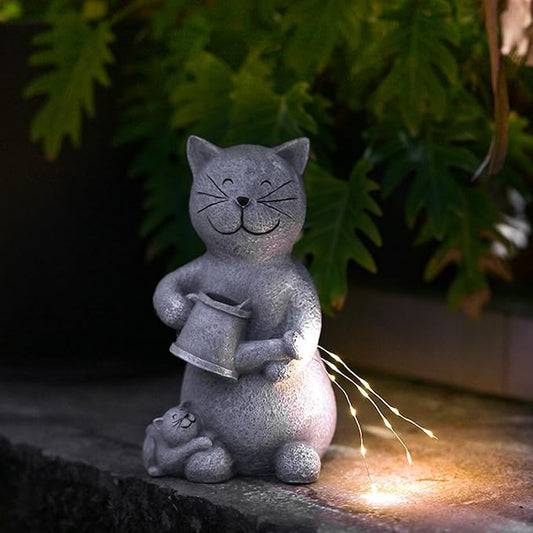Solar Cat Outdoor Statues Garden Decor with LED Lights Lovely Cat Statues for Patio Balcony Yard Lawn Ornament, Birthday Mother Day Gardening Gifts for Mom Grandma Women