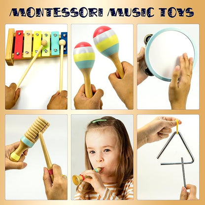 MINIARTIS Baby Musical Instruments Set - Montessori Musical Toys for Toddlers 1-3 | Modern Boho Kids Xylophone with Songbook | Neutral Colors Wooden Percussion Instruments | Preschool Educational 3+