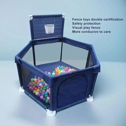Portable Baby Ball Pit Playpen Playard Fence Playtent with Basketball Hoop Breathable Mesh for Indoors Outdoors Toddler Kids Large Blue 6-Panel