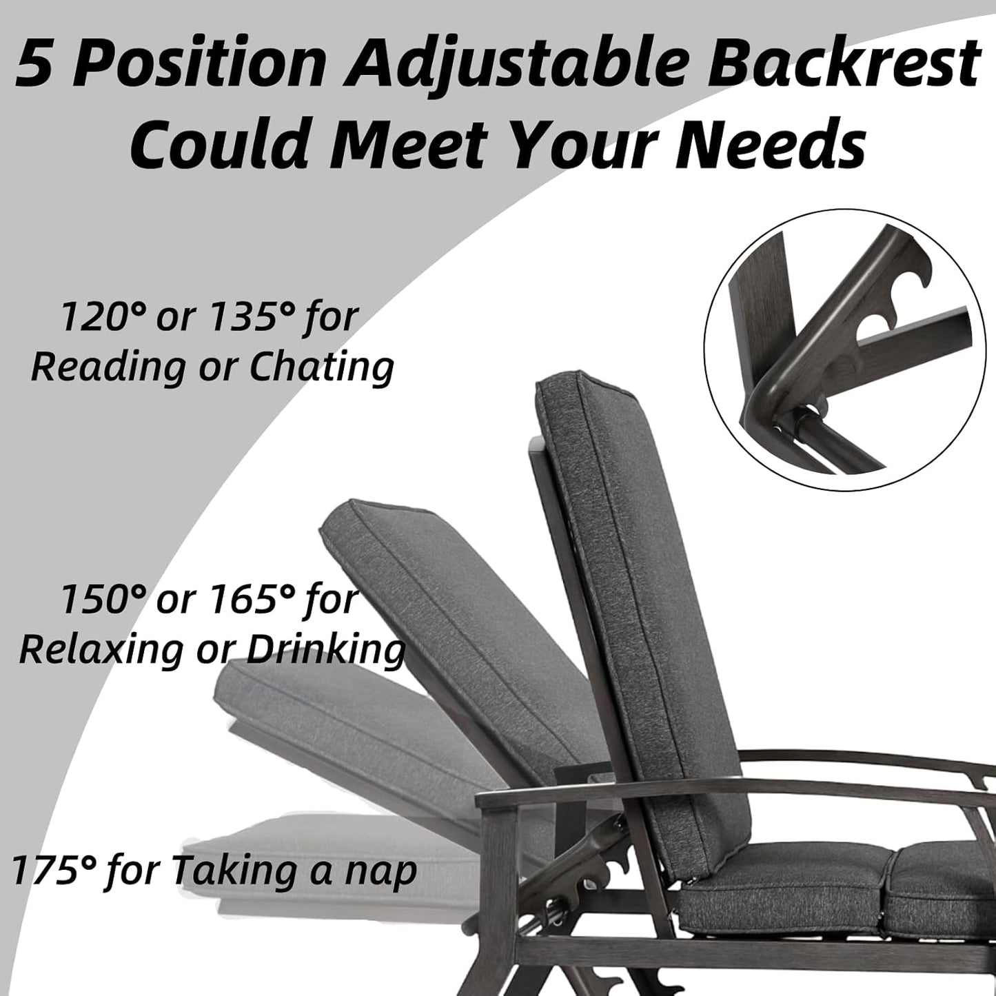 Outdoor Chaise Lounge with 5-Level Adjustable Backrest, Durable Aluminum Patio Chair with Waterproof Cushion & Wheels for Garden, Poolside, Grey