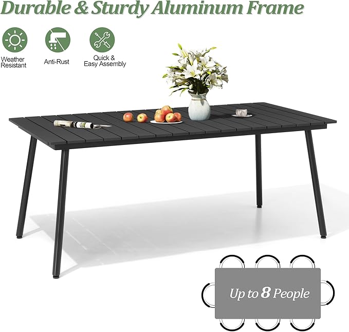 Outdoor Dining Table for 6, 70inch Patio Dining Table with Wooden-Like Top and Aluminum Frame, Rectangular Table with Umbrella Hole Outdoor Furniture, Only Table, Black