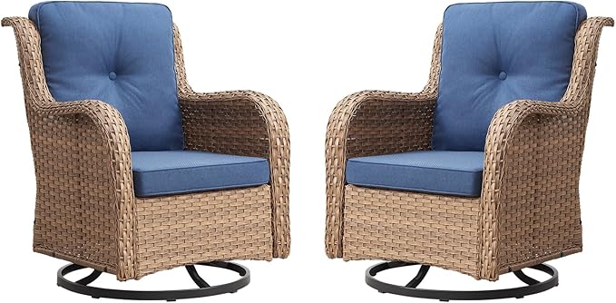 Outdoor Patio Swivel Rocker Chairs - Wicker Rattan Patio Swivel Rocking Chairs Set of 2 with High Back,Deep Seating and Comfort Cushions for Deck Porch Garden,Yellow/Blue