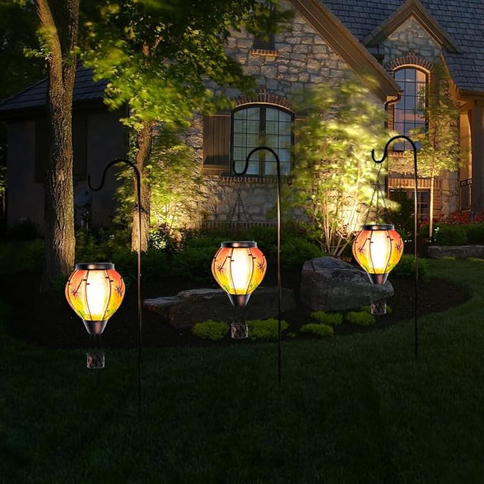 Starsoul Dragonfly Hot Air Balloon Solar Lantern Outdoor Glass Hanging Hot Air Balloon Lantern with Flame Light Waterproof for Patio Pathway Yard Porch Backyard Decor