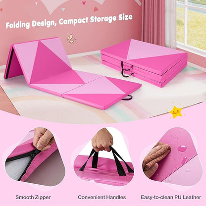 Giantex 4'x10'x 2" Gymnastics Mat, 4-Panel Folding Aerobics Exercise Mat w/Hook & Loop Fastener, Carrying Handle, Portable Tumbling Mat for Stretching Yoga Cheerleading Martial Arts