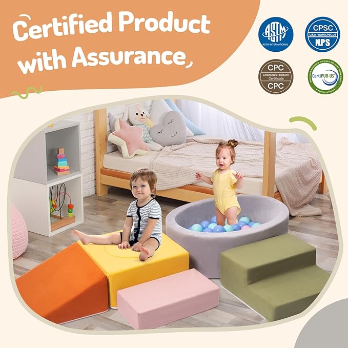 6-Piece Foam Climbing Blocks for Toddlers, Climb and Crawl Soft Play Set, Machine Washable Cover, Indoor Activity Play Structure, Climbing Toys for Toddlers 1-3 (Multi-Color, w/Ball Pit)