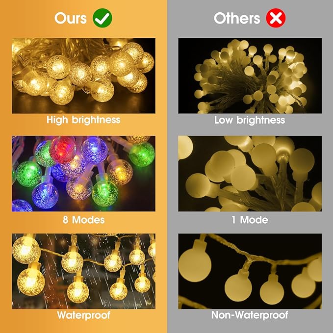 22.9ft 70LED Globe String Lights Outdoor, Crystal Fairy Light IP44 Waterproof Outdoor Hanging Decorative Lights for Home Tent Patio Garden Party Wedding Decor