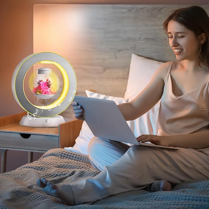 LoveLin Magnetic Levitation Circle Table Lamp with Bluetooth Speaker,5W Led Night Light,Three Variable Color,Automatic Rotating Preserved Flowers Creative Gifts Home Office Ornament Rotundity Layout