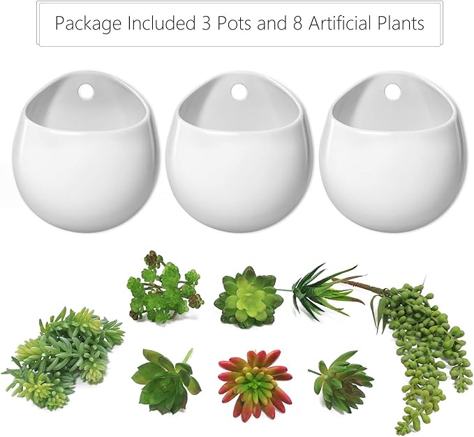 Mkono Wall Planter with Artificial Plants, Decorative Potted Fake Succulents Picks Assorted Faux Succulent in Modern Ceramic Hanging Plant Pot Vase for Home Decor, Set of 3
