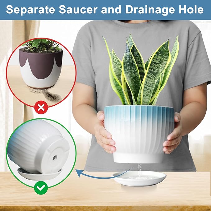 6.7 + 5.5 Inch Plant Pot, Ceramic Planter with Drainage and Saucer, Ceramic Pots for Plants, Indoor Plant pots,Ceramic Flower pots（Blue + White, Plants NOT Included）