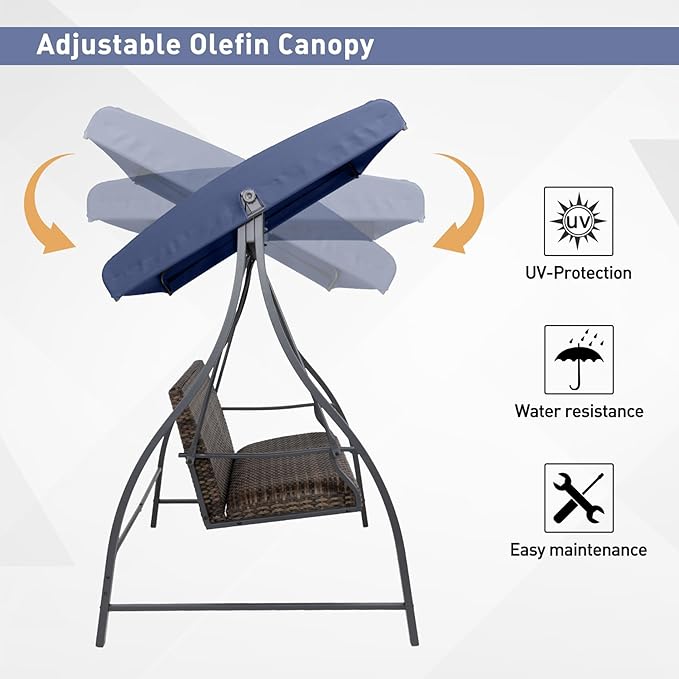 BPS 3 Seat Outdoor Porch Swing with Adjustable Canopy, PE Wicker Patio Swing Chair with Quick-Drying Foam Seat, 882 LBS Capacity, Proch Swings for Deck, Backyard, and Lawn, Dark Blue