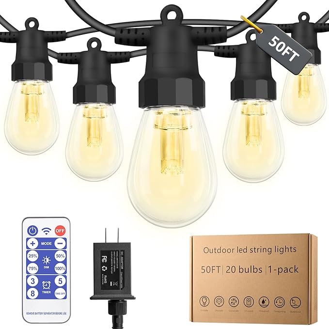 LED Outdoor String Lights 50FT,Patio Lights with 20 Dimmable Bulbs,IP66 Waterproof Shatterproof, with Remote Control,2700k Outside Hanging Lights for Backyard Porch Garden Decoration