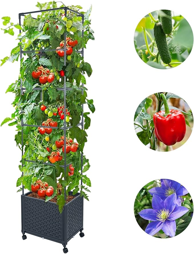 GREEN MOUNT Raised Garden Bed Planter Box with Trellis for Climbing Vegetables Plants, 67.6" Outdoor Tomatoes Planters Tomato Cage w/Wheels