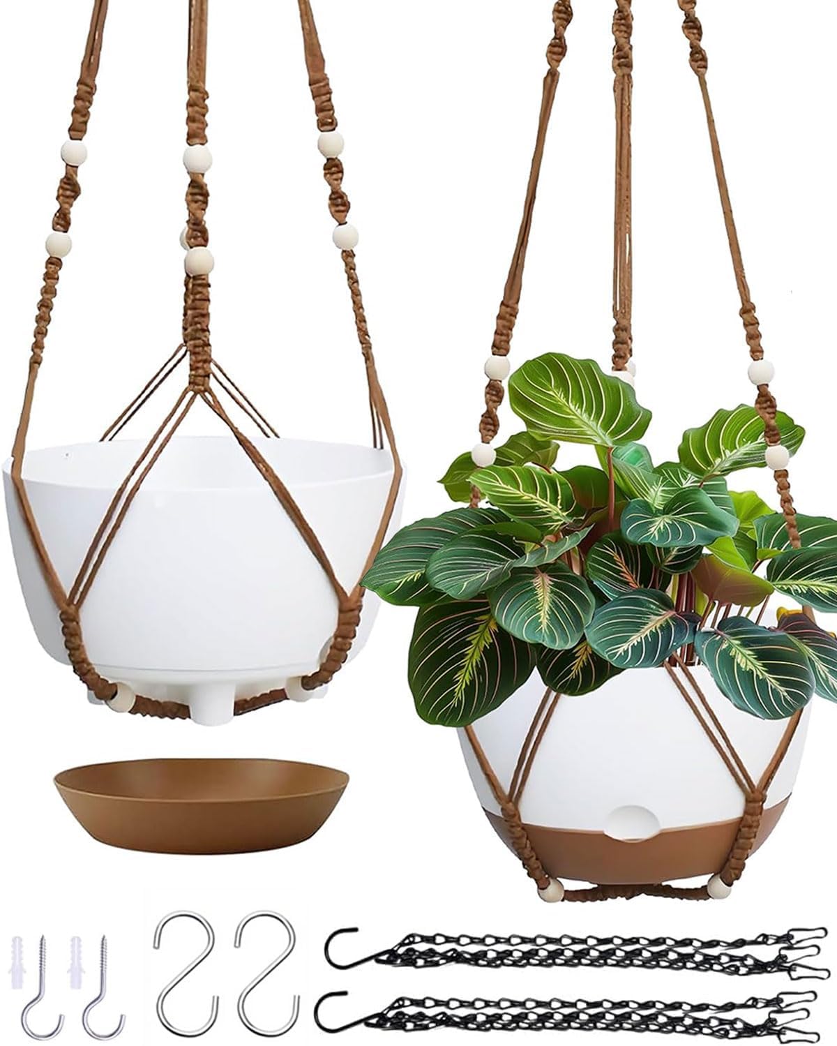 2 Pack Hanging Planters Set,10 Inch Indoor Outdoor Hanging Plant Pot Basket,Hanging Flower Pot with Drainage Hole with 3 Hooks for Garden Home(Caramel Hanger White Planters)