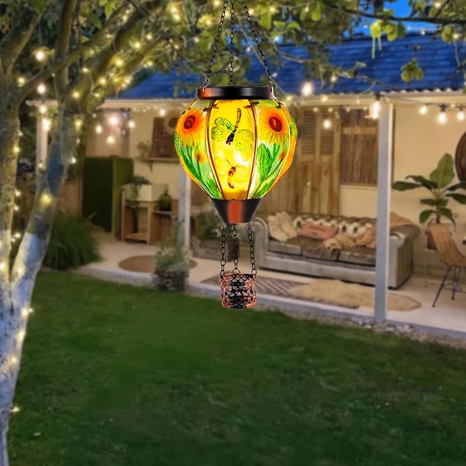 Hanging Hot Air Balloon Solar Lantern, Dragonfly Solar Power Hot Air Balloon Lantern Outdoor Waterproof, Glass Hanging Light for Outdoor Patio Garden Decor