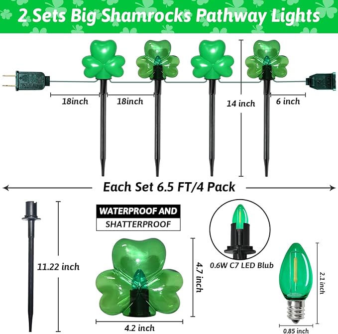 2*4 Pack LED St. Patricks Shamrock Pathway Lights for St. Patricks Day Decorations, Green Lucky Clover Pathway Stake Lights Outdoor Waterproof, UL Certified for Lawn Yard Walkway Irish Decor, Plug In