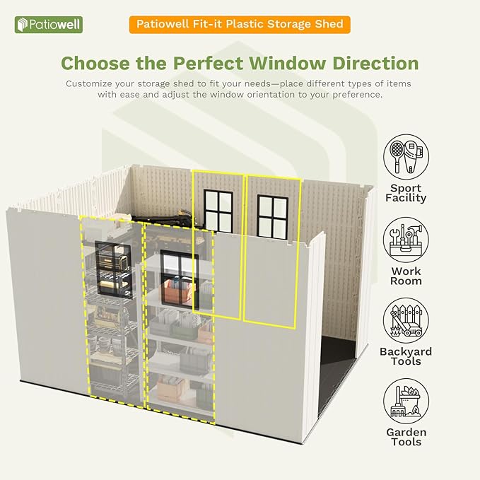 Patiowell 8 x 10 FT Resin Outdoor Storage Shed with Floor and Light, Large Plastic Barn with Lockable Door for Garden Tools, Backyard, Bike Storage, Easy Installation in Beige (Kick-it Shed)