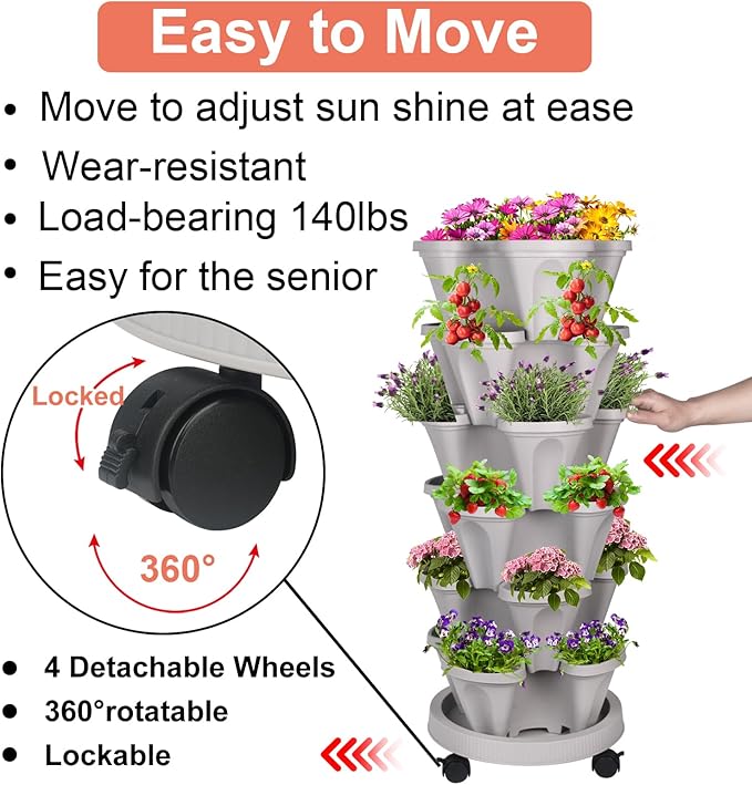 Vertical Planter 6 Tier Stackable Planters Garden Planters Strawberry Herb Flower and Vegetable Planter Indoor Outdoor Gardening Pots with Removable Wheels and Tools 2-Pack