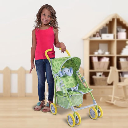 Baby Doll Stroller for Toddlers 1-3, Pillow Animal Toy Stoller for Dolls, Green Folding Baby Toy Stroller for Dolls, Foldable Baby Stroller Toy for Girls, for Kids (Elephant)