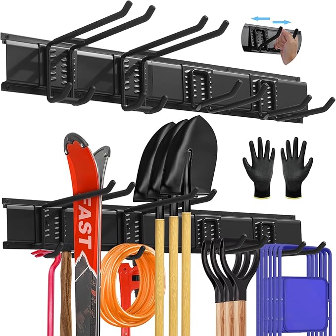 Garage Storage, Garage Organization, Garage Tool Organizer Wall Mount, Garden Tool Organization and Storage 32.1 Inches, Max 300lbs Adjustable Metal Hooks, Hangers Garden Yard Tool Rack,