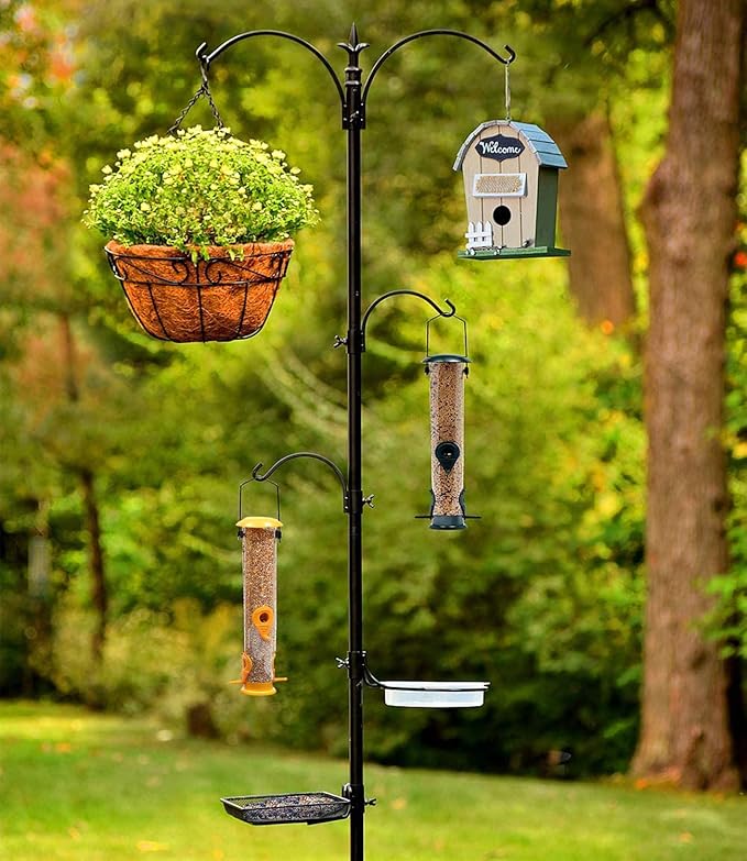 Premium Bird Feeding Station with 2 Bird Feeders Included for Outside - Multi Feeder Pole Stand Kit with 4 Hangers, Bird Bath and 5 Prong Base for Attracting Wild Birds - 22 Inch Wide x 91 Inch Tall