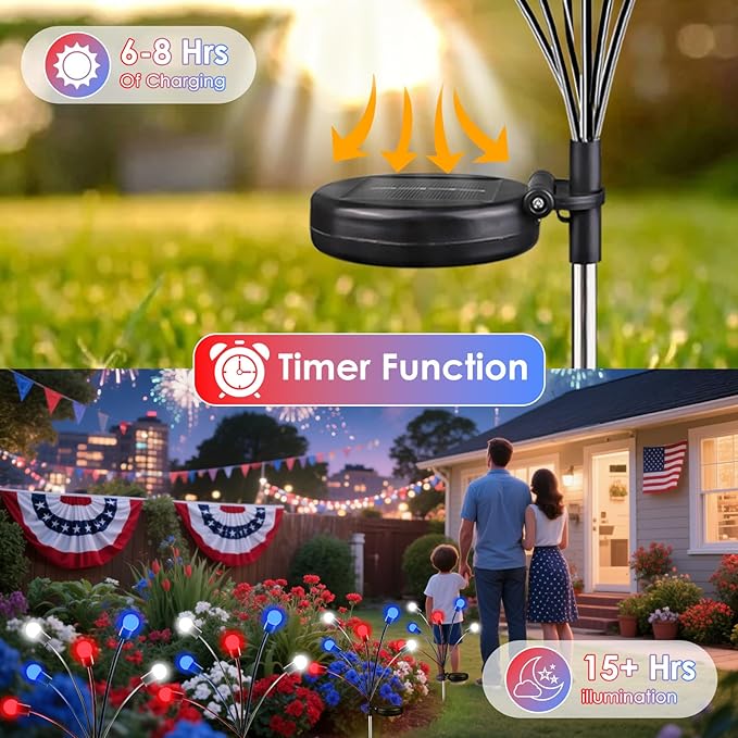OZS 6pack Solar American Flag Lights - 4th of July Solar Garden LED Outdoor Waterproof Firefly Light for Memory Day, Independence Day, National Day Decoration (Red White Blue)
