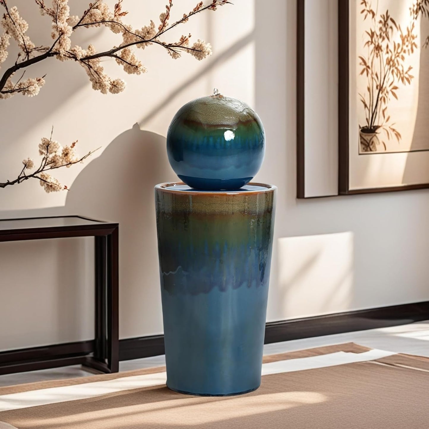 LuxenHome 30" Water Fountain Outdoor and Indoor, Glazed Blue Bubbling Sphere Ceramic Garden Outdoor Water Fountain, Elegant Modern Waterfall Garden Decor for Patio, Lawn, and Backyard