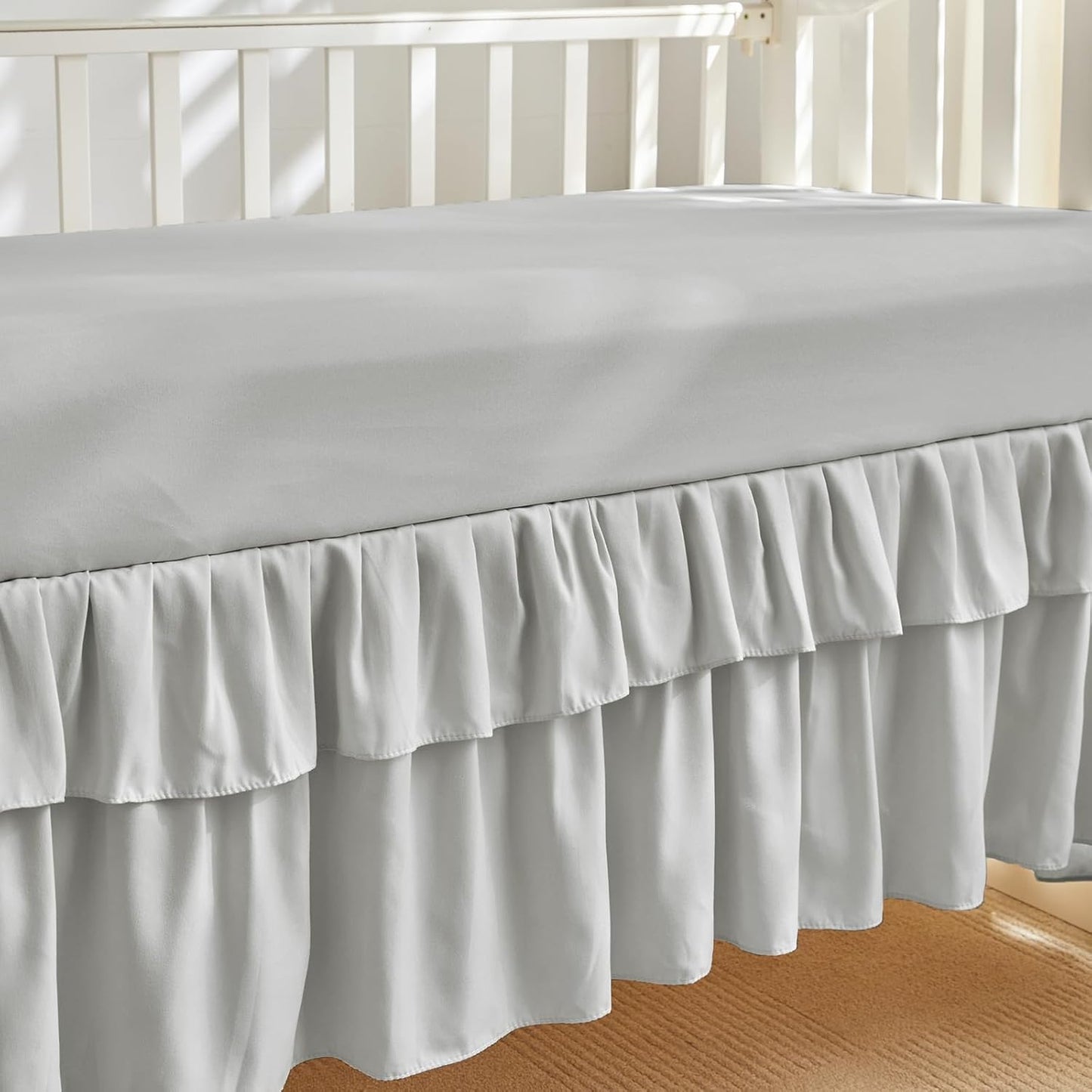 Tufted Ruffle Crib Bedding Set 3 Pieces Baby Girls Boys Boho Quilted Comforter with Fitted Sheet and Bed Skirt - Cute Ruffled Shabby Chic Baby Bedding Soft Blanket Design Light Gray