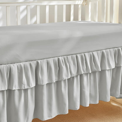 Tufted Ruffle Crib Bedding Set 3 Pieces Baby Girls Boys Boho Quilted Comforter with Fitted Sheet and Bed Skirt - Cute Ruffled Shabby Chic Baby Bedding Soft Blanket Design Light Gray