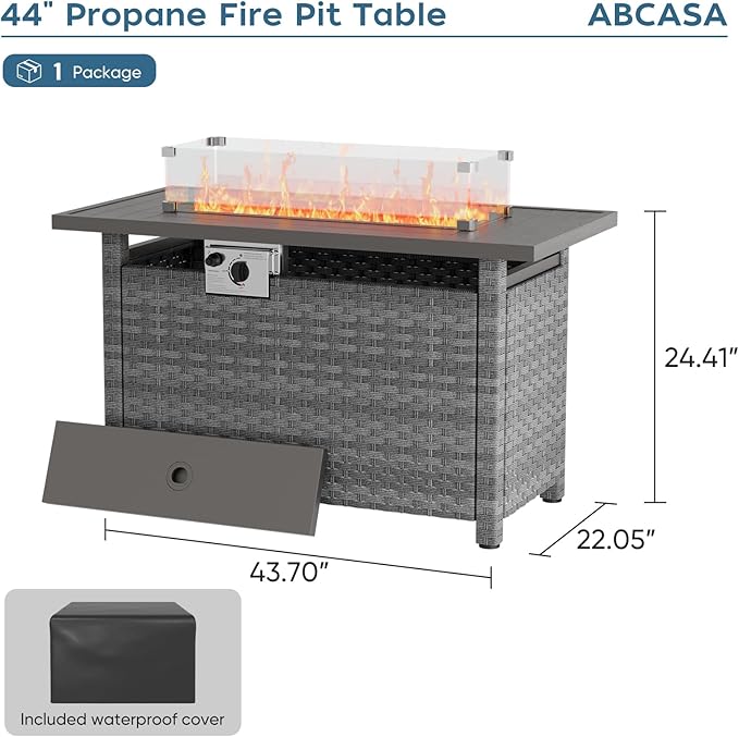 Propane Fire Pit Table Outdoor, 44" 60000BTU Auto-Ignition Fire Pits Table with Wind Guard Square Large Wicker Propane Firepits for Porch Garden(Grey,CSA Certified)