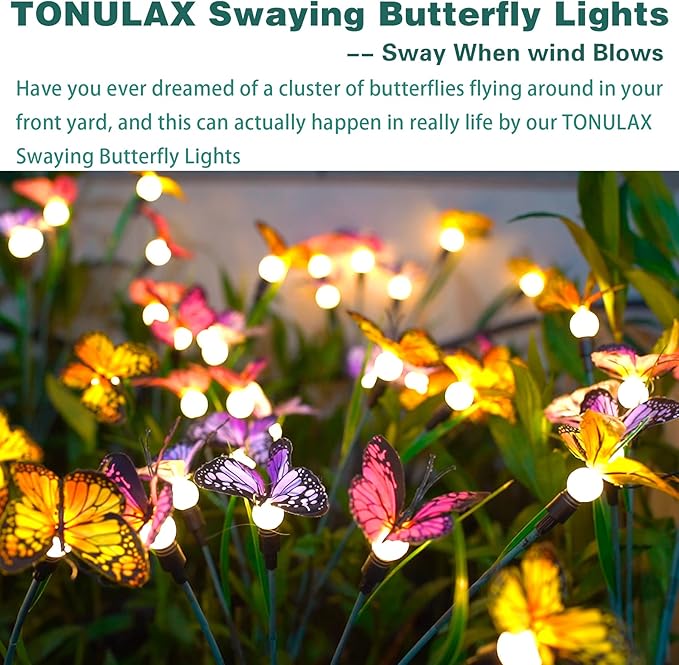TONULAX Solar Garden Lights - Swaying Butterfly Light, Swaying in The Wind, Solar Outdoor Lights, Yard Patio Pathway Decoration, High Flexibility Iron Wire & Realistic Butterflies (2 Pack)