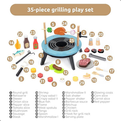 UMU Kids Grill Set, Pretend Play BBQ Toys with Wooden Grill, Cutting Food, and Cooking Accessories – Play Kitchen Outdoor & Indoor Barbecue Toy for Toddlers and Kids Age 3 4 5 6 7 8+