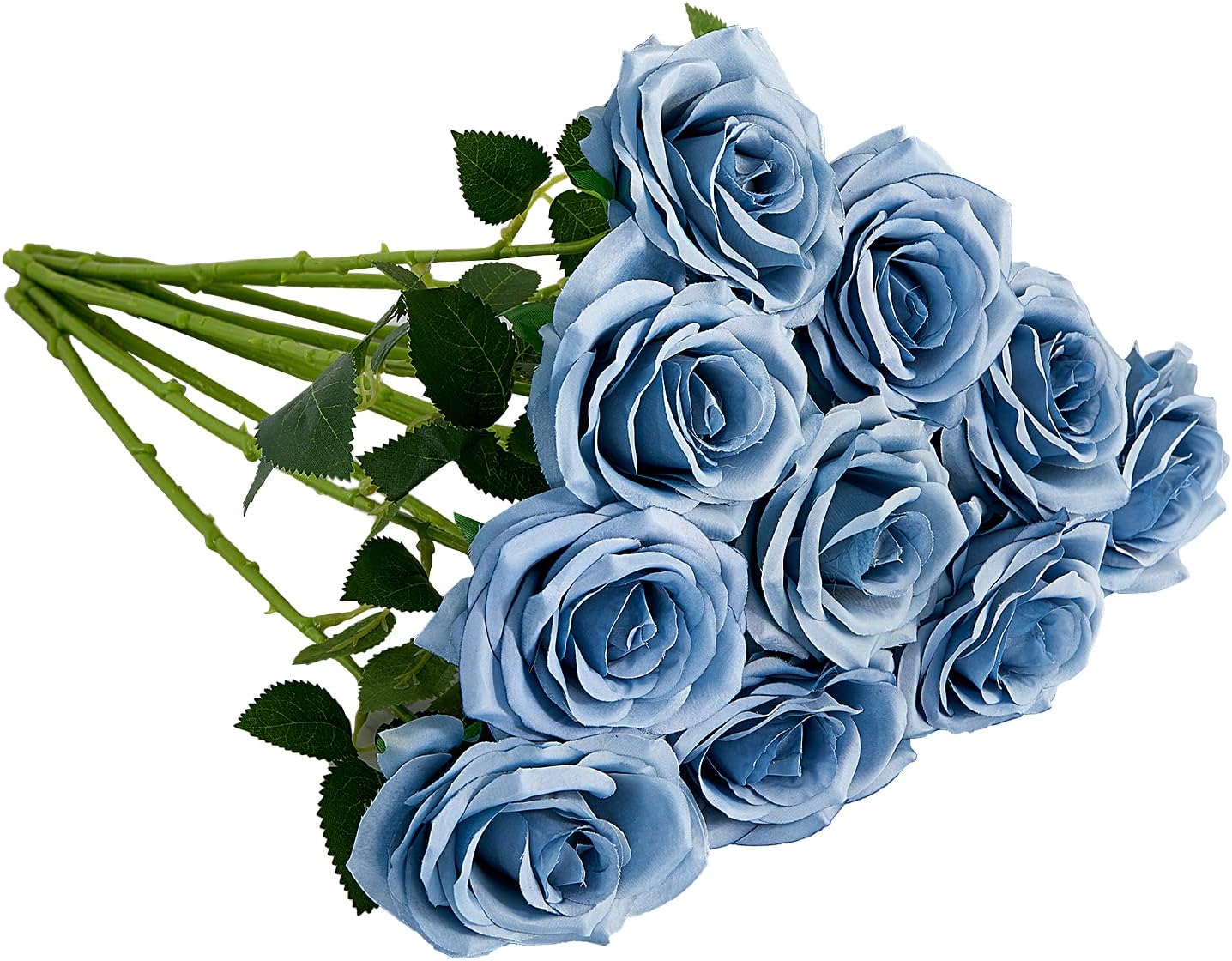 Artificial Rose 10pcs Open Flower Bouquet Faux Rose Stems for Wedding Arrangement, Bridal Bouquet, Centerpiece, Fake Faux Silk Flowers (Dusty Blue)