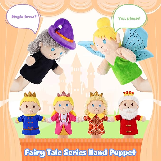 6 Pcs Castle Hand Puppets Fairy Tales Queen & King, Princess & Prince, Elf & Witch Plush Toys Role-Play Toy Puppets for Kids Storytelling Imaginative Pretend Play Teaching Preschool(6 Cartoon)