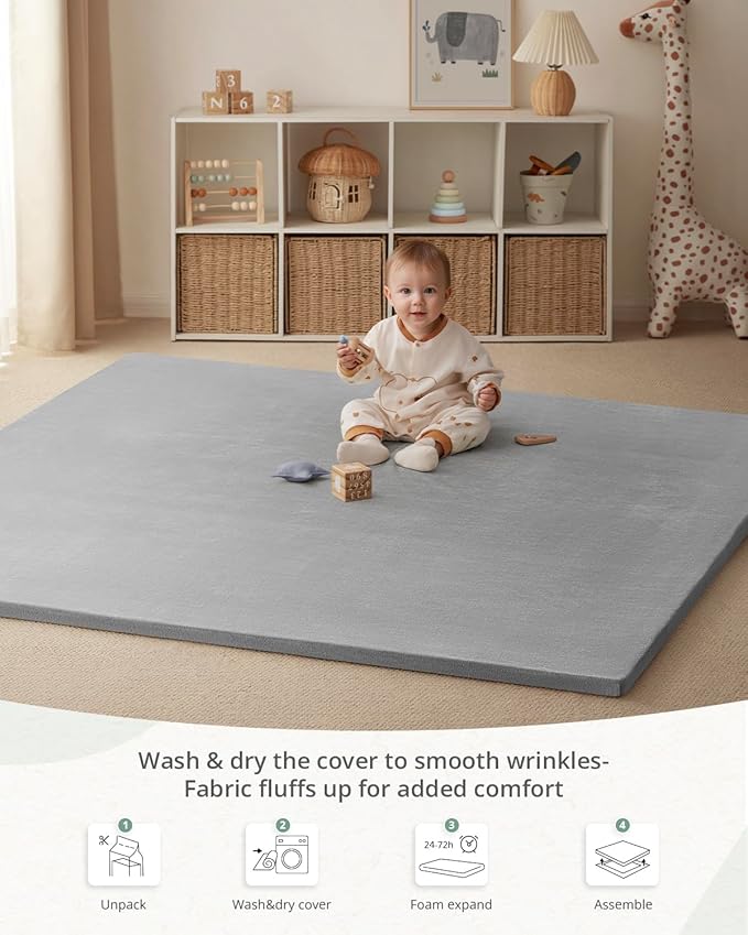 Blissful Diary Ultra Soft Baby Play Mat, 71x59 Extra Large Floor Mat with Removable & Washable Slip-On Cover for Babies and Toddlers, Light Grey