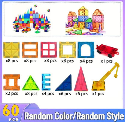 60PCS Kids Magnetic Tiles with 1 Car and 1 Crane - Clear 3D Magnet Blocks Set STEM Stacking Toys - Magnetic Tiles for Kids Ages 3+ - Recreational Conventional Imagination