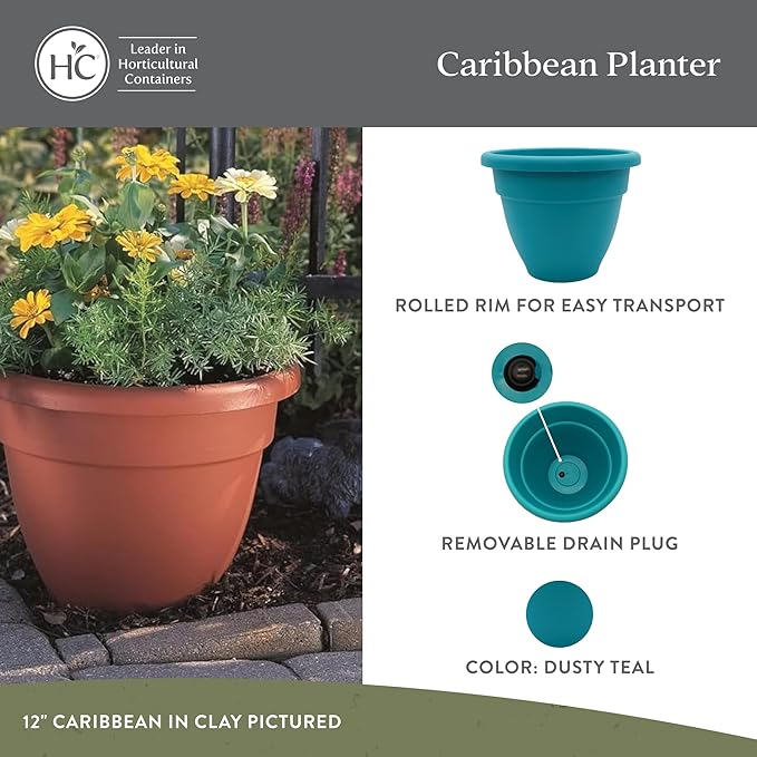 The HC Companies Caribbean Planter Pot - Outdoor & Indoor Plant Pot with Drainage Hole & Plug - Rolled Rim Plastic Pots for Plants & Flowers - Decorative Plant Pot (6" Dusty Teal, Pack of 4)
