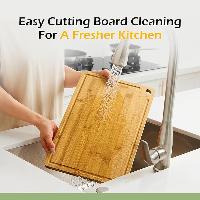 Chopping Board Duo 2-Pcs Natural Bamboo With Juice Channels & Knife-Friendly Finish For Versatile Kitchen Use, Ideal Charcuterie & Chopping Multi-Use