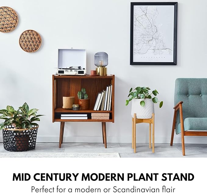 Fox & Fern Mid Century Tall Plant Stand — 10 Inch Fixed Size Raised Bamboo Plant Stand for Indoor Pots; Modern Flower Pot Holder with Plug In Design; Easy to Assemble; Two Height Options - Bamboo