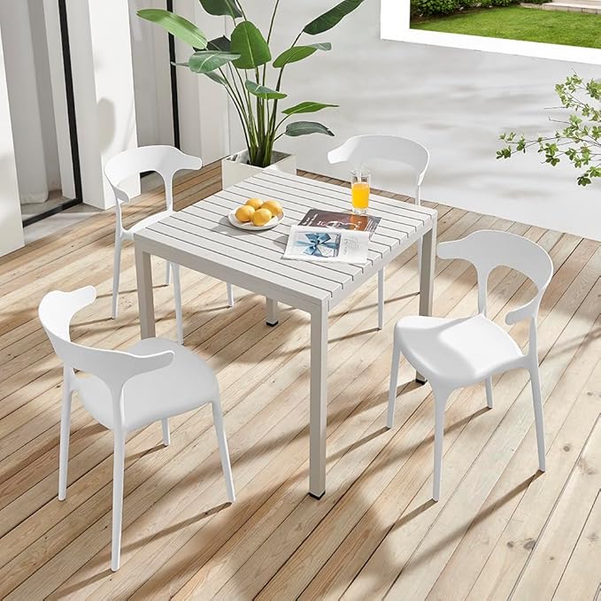 Plastic Outdoor Dining Table with Metal Legs, Weather Resistance, Home Patio Table, Restaraunt Outdoor Table, Quick Assembly (Grey)