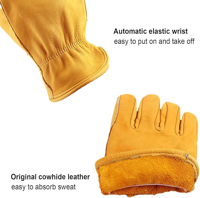 OZERO Flex Grip Leather Work Gloves Stretchable Wrist Tough Cowhide Working Glove 1 Pair (Gold, X-Large)