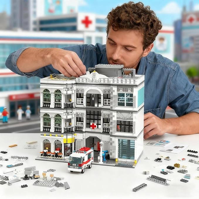 City Emergency Hospital Building Kit, MOC Street View Architecture 3 Levels Modular Buildings with 17 Figures, Construction Sets Ideas Present for Adults (4953 Pcs)