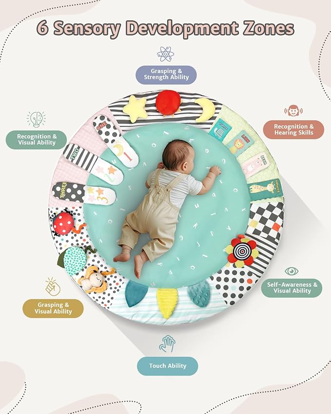 Baby Play Gym,6 Developmental Zones Tummy Time Mat, Wooden Baby Play Gym Mat with 7 Detachable Sensory Toys for Newborn Brain Development, Essential Baby Shower Set, Green
