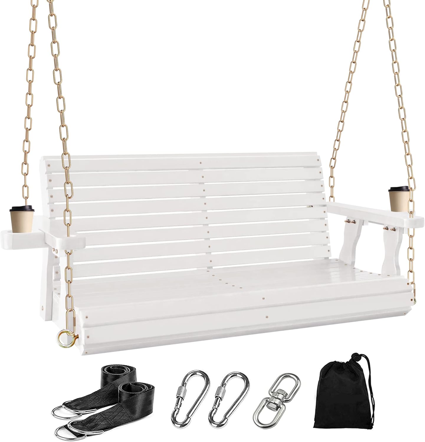 4FT Wooden Porch Swing w/Cupholders,Heavy Duty 800LBS Outdoor Swing Bench w/Chains,Patio Roll Back Swing Chair Bench,Front Porch 2-Person Hanging Bench,for Garden Courtyard Lawn & Balcony